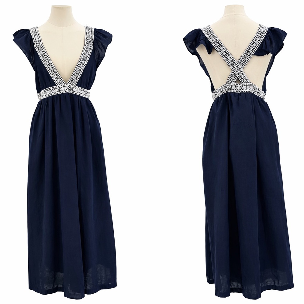 J.Crew Navy Maxi Dress Lace Trim Deep V-Neck Crisscross Back Flutter Sleeves - Picture 4 of 16